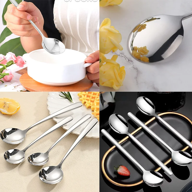 Large Round Spoons Long Handle Tablespoon 304 Stainless Steel Soup Spoons