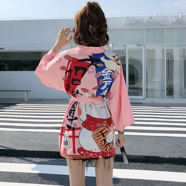 Кимоно женское в японском стиле, Свободный кардиган с красной кошкой, юката, хаори, азиатская одежда в традиционном японском стиле