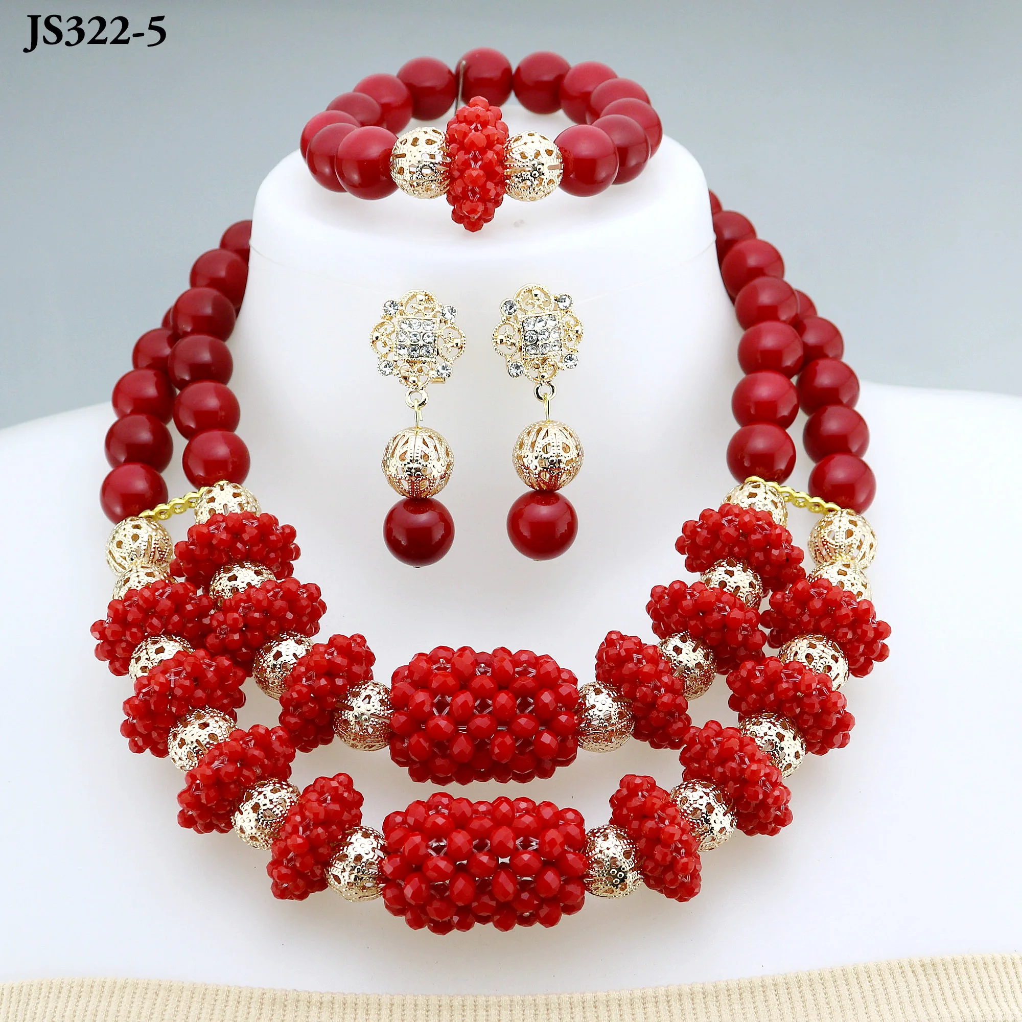 Red beads jewelry african sets wholesales styles earring rhinestones sets for bridal