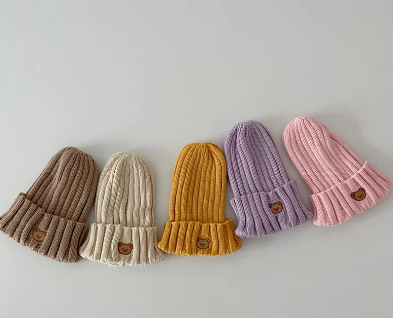 Wholesale Autumn Winter Bear Embroidery Baby Kids Knitted Beanie
