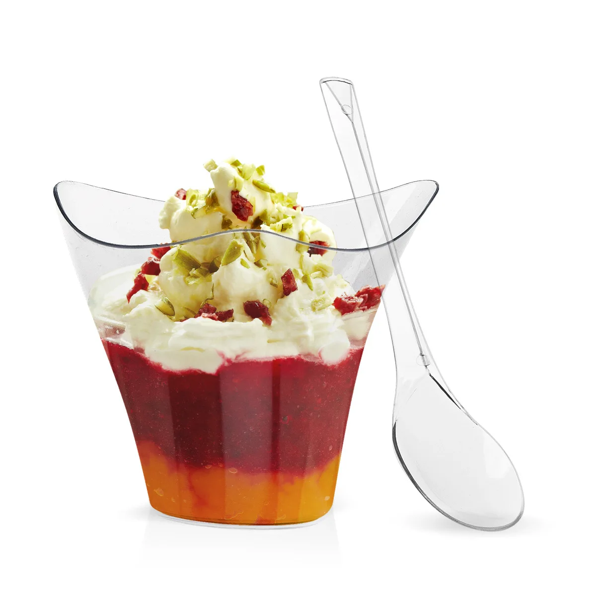BST 100 pack 100ml Triangular transparent dessert mousse pudding cup disposable plastic ice cream cup with spoon