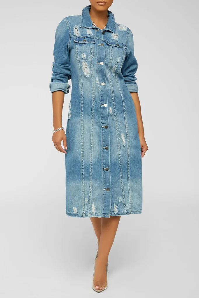 
Autumn Trendy Ladies Long Denim Trench Coat Sexy Blue Ripped Denim Jacket 
