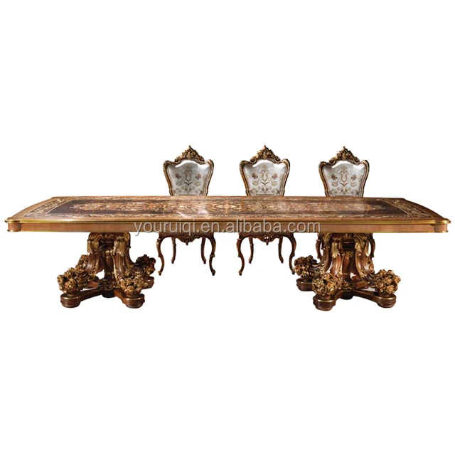 Customised Luxurious Mahogany Table, Carved Solid Wood Dining Table, Antique Regal Banquet Table with Marquetry Inlaid Top Table