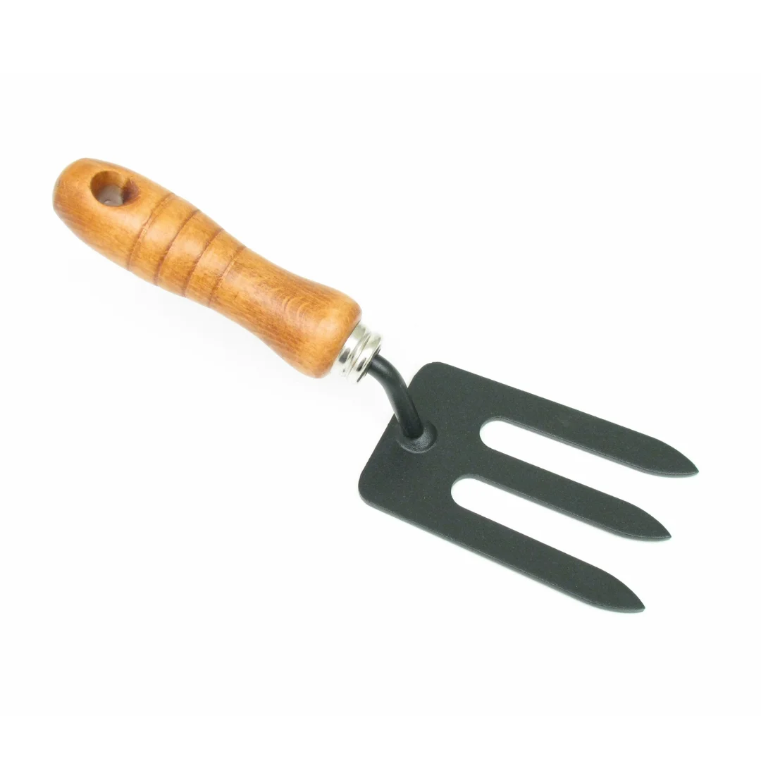 Best quality garden hand tool small fork 3 tines in steel and certificated wood handle for gardening