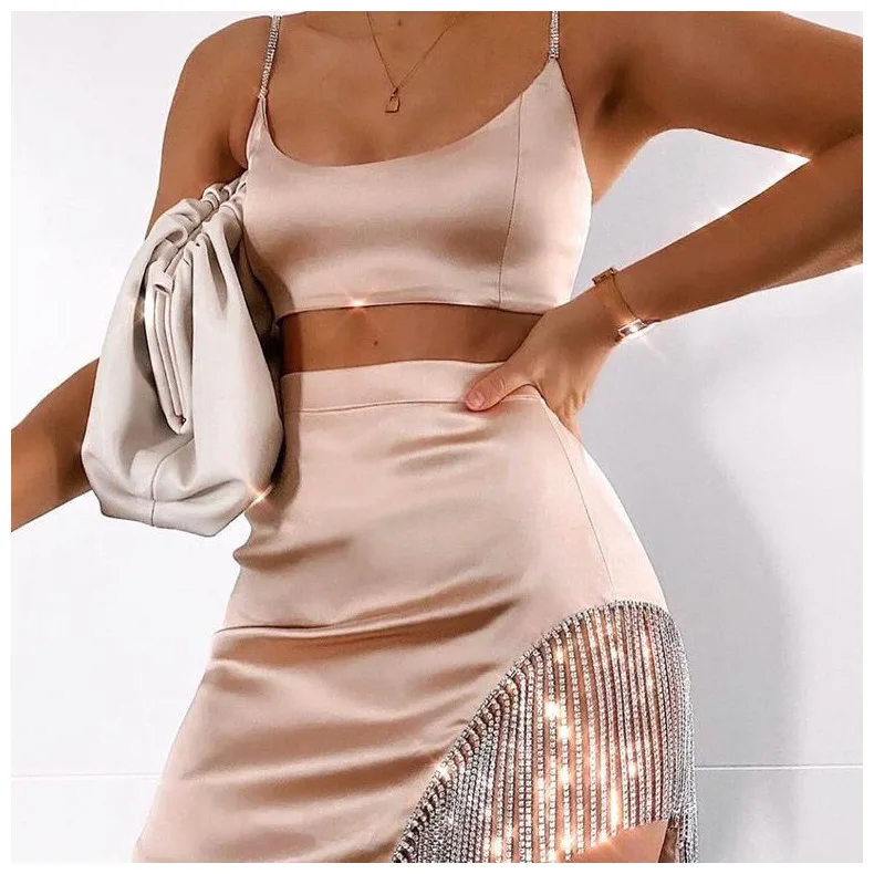 2020 New satin nightclub diamond-studded sexy mini skirt two-piece suit