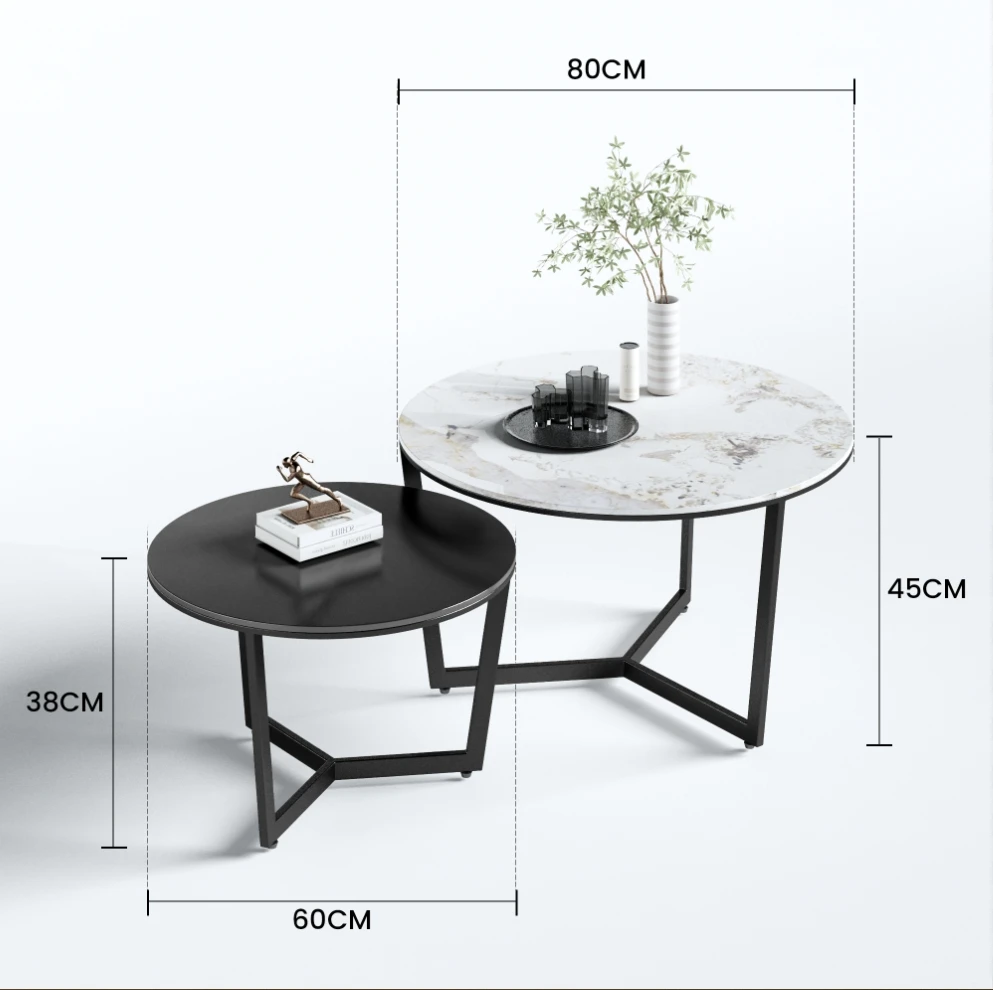 Set of 2 Nesting Round Shape Marble Table Top Tea Table Set Center Living Room Furniture Metal Frame Luxury Marble Coffee Table
