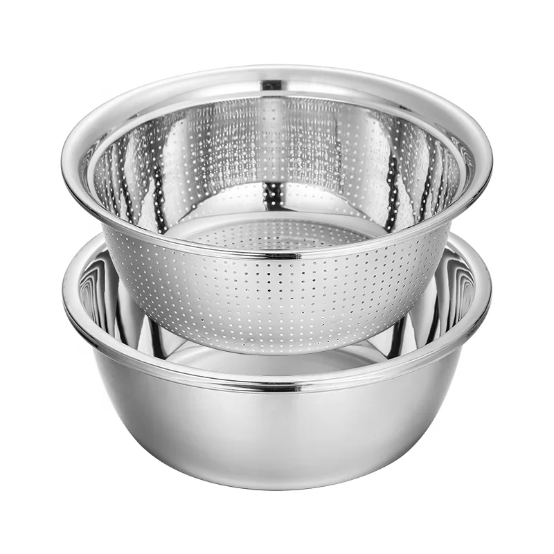 Kitchen Stainless Steel Washing Colander Basin Set Fruit Vegetable Rice Sieve Colander