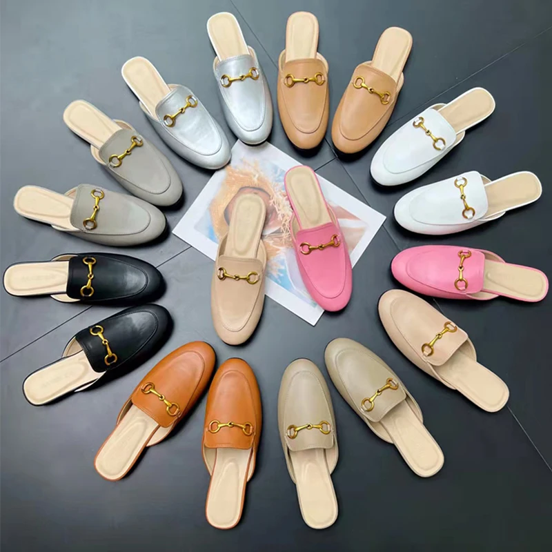 High Quality Lady Leather Mules Slipper Outdoor Casual Wear Summer Women Genuine Leather Flat Mules Shoes