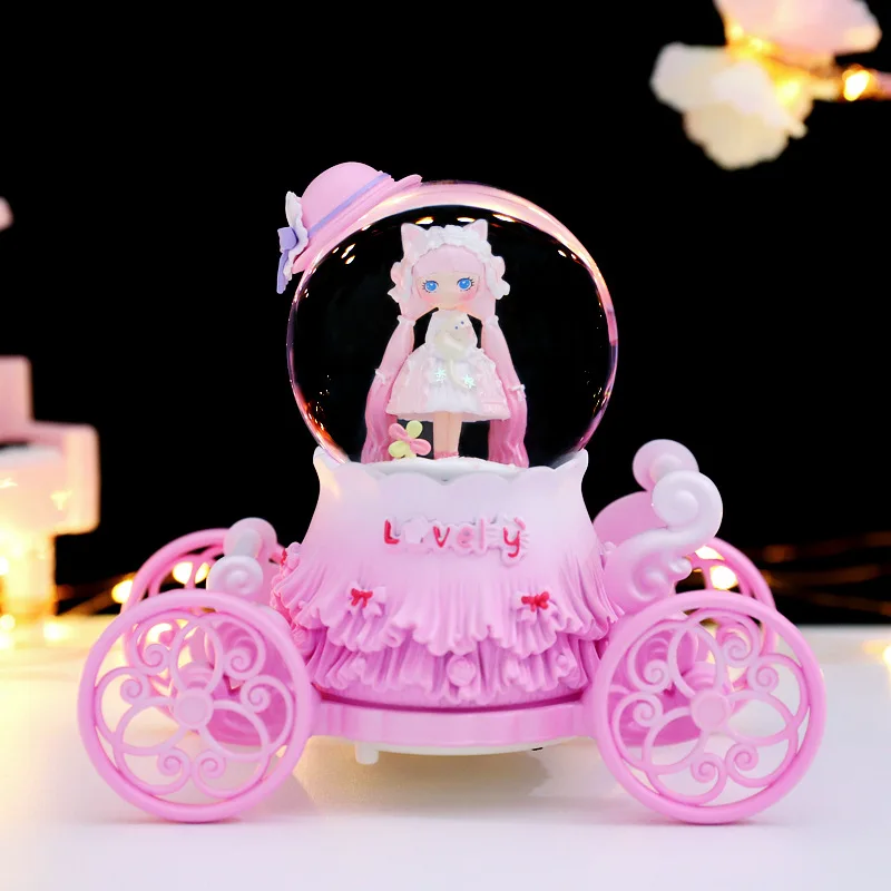 Hot Cartoon Lolita Girl Carriage Light Snow Music Lantern Crystal Ball Music Box Children And Students Gift Wholesale