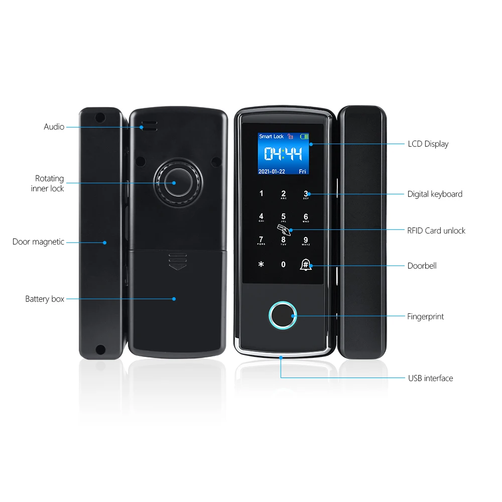 Electronic Digital Fingerprint Smart Door Lock for framed or frameless Sliding Glass Aluminum lock