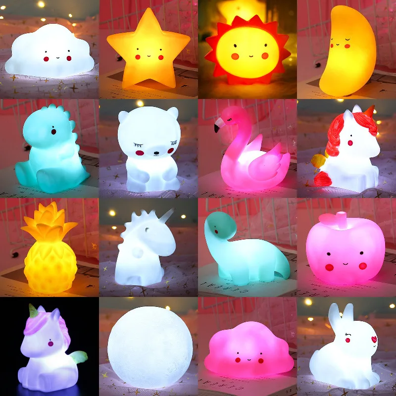 Hot Sale Cartoon Animal Vinyl Led Night Light Toys for Kids Sleeping Cute Mini Unicorn Moon Star Table Lamp Fruit Desk Lamp