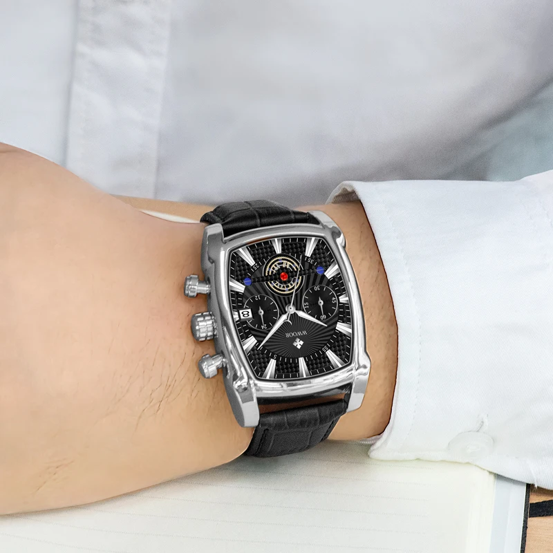 Brand WWOOR 8843 Watches Mens Wrist Luminous Hands Luxury Quartz Watches Fashion Square Leather Band Clock Waterproof Sports
