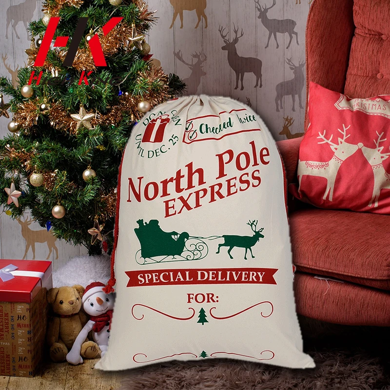 High King In Stock Competitive price silk screen Christmas santa sacks drawstring bag canvas