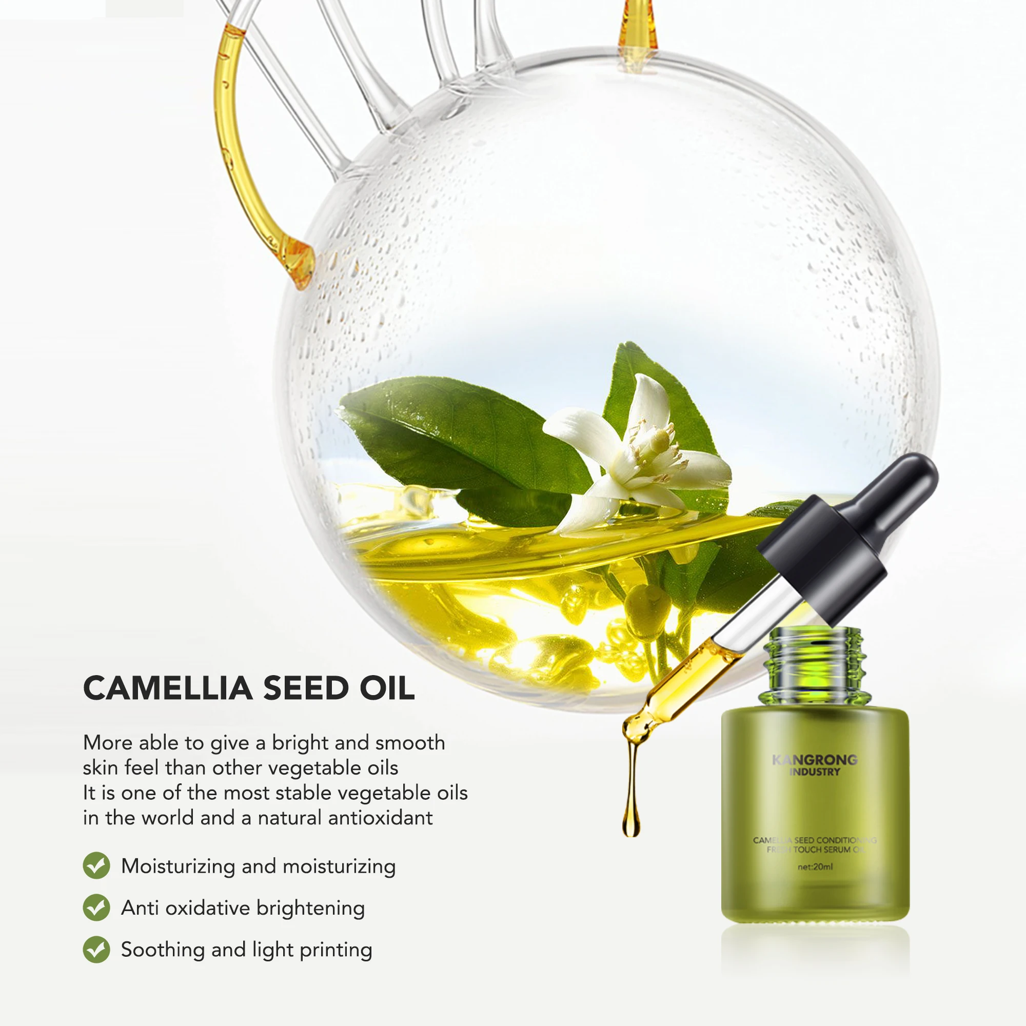 Private Label 20ml Camellia Seed Essence Factory Price Rejuvenating Repair Serum for Women Face with Pore Shrinking Feature