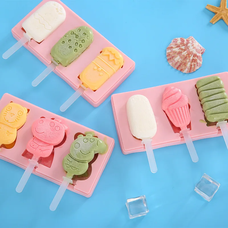 D-0026 Hot Selling 3 Cavities Silicone Ice Cream Pop Maker Mold Silicone Popsicle Mold Silicone Ice Lolly Moulds