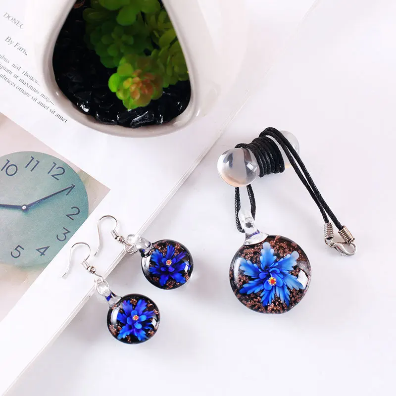 Factory Wholesale Handmade Nordic Style Murano Insert Flower Glass Necklace Earring Pendants