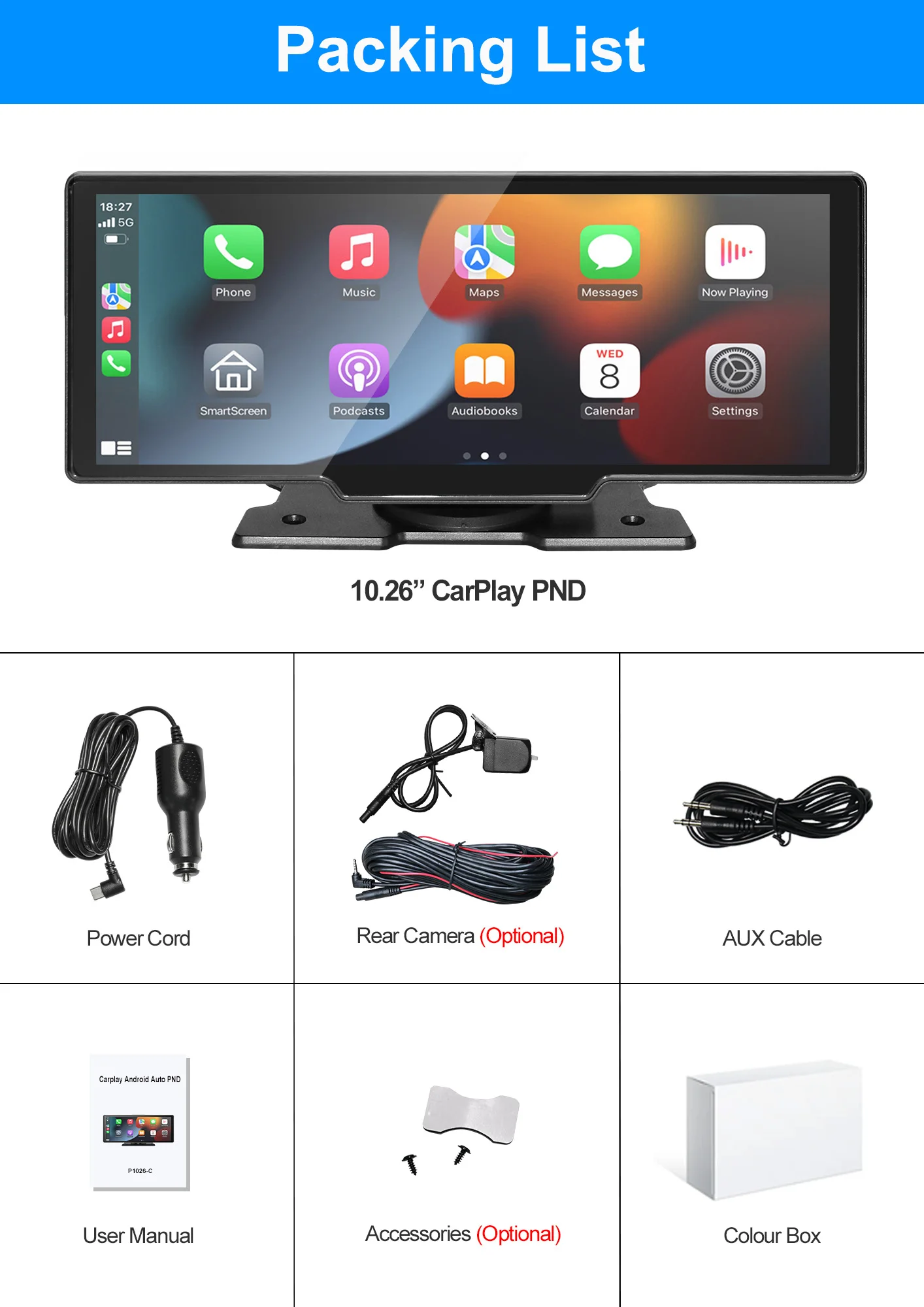 10.26 Inch IPS Portable Wireless Carplay Screen Android Auto GPS Navigation AUX FM Smartphone Monitor Reverse Camera
