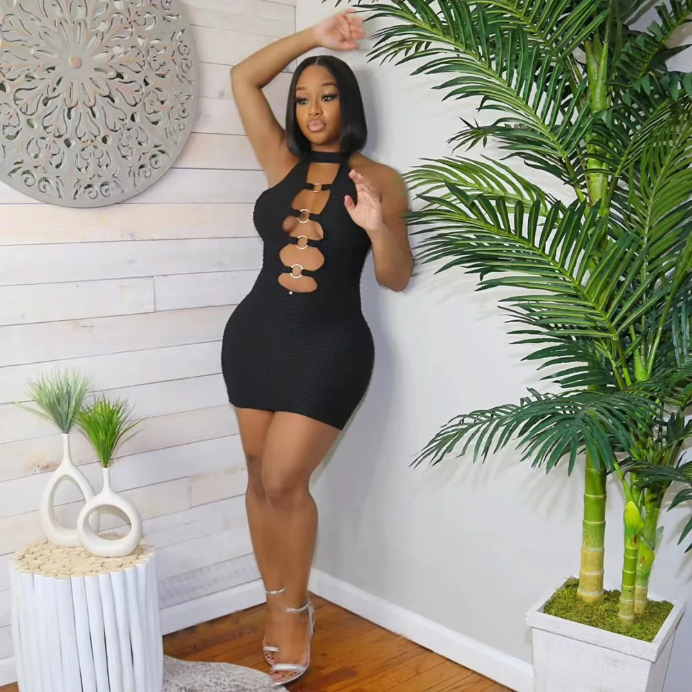 Custom Private Label Streetwear Women Summer Clothes Sexy Halter Bodycon Party Dress Slim Fit Open Back Tropical Dresses Women