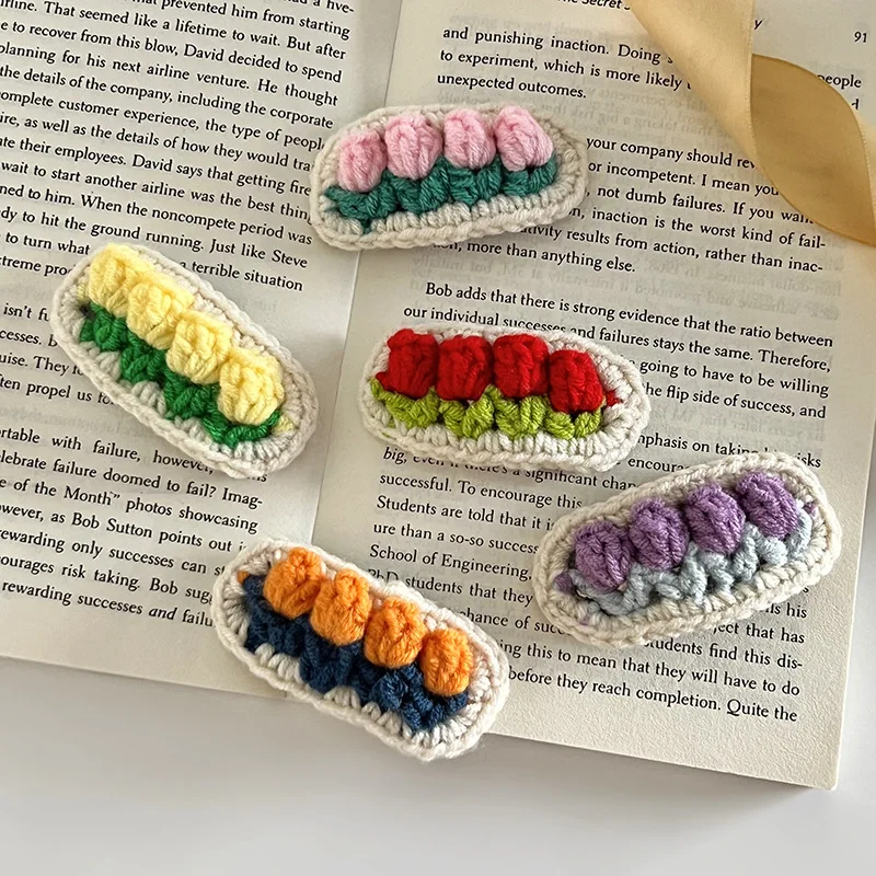Autumn Winter Spring Fashion Women Girl Lovely Kawaii Fancy Handmade Braided Woven Tulip Flower Knit Crochet Barrette Hair Clips