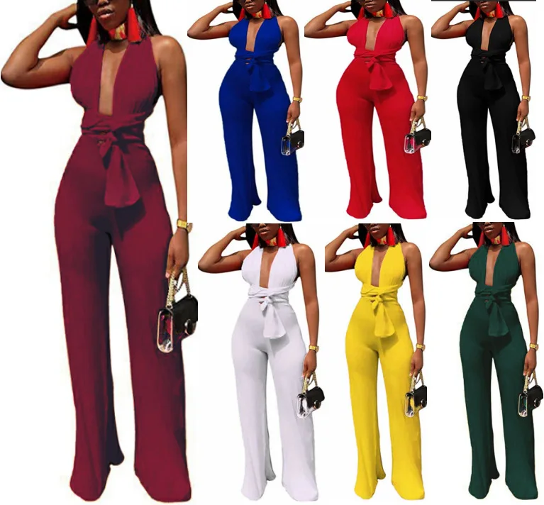 
2021 Summer clothes custom red v-neck backless flare pantsplus size jumpsuits women 
