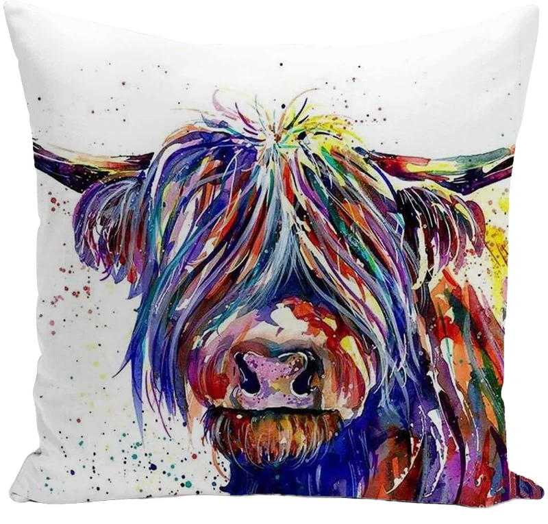 Highland Cow Printed Linen Cushion Cover 45x45 Scottish-Style Watercolor Pattern Factory Price Wholesale Fashion Decorator