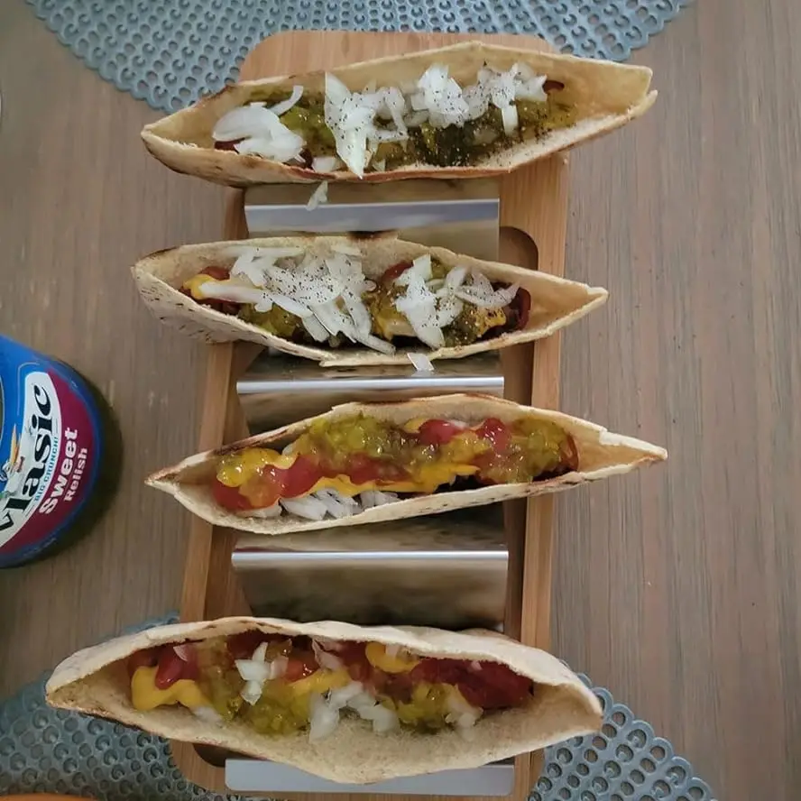 3-in-1 Taco Holder Kit Set Stainless Steel Shell Stand Bamboo Serving Tray with Sauce Cup