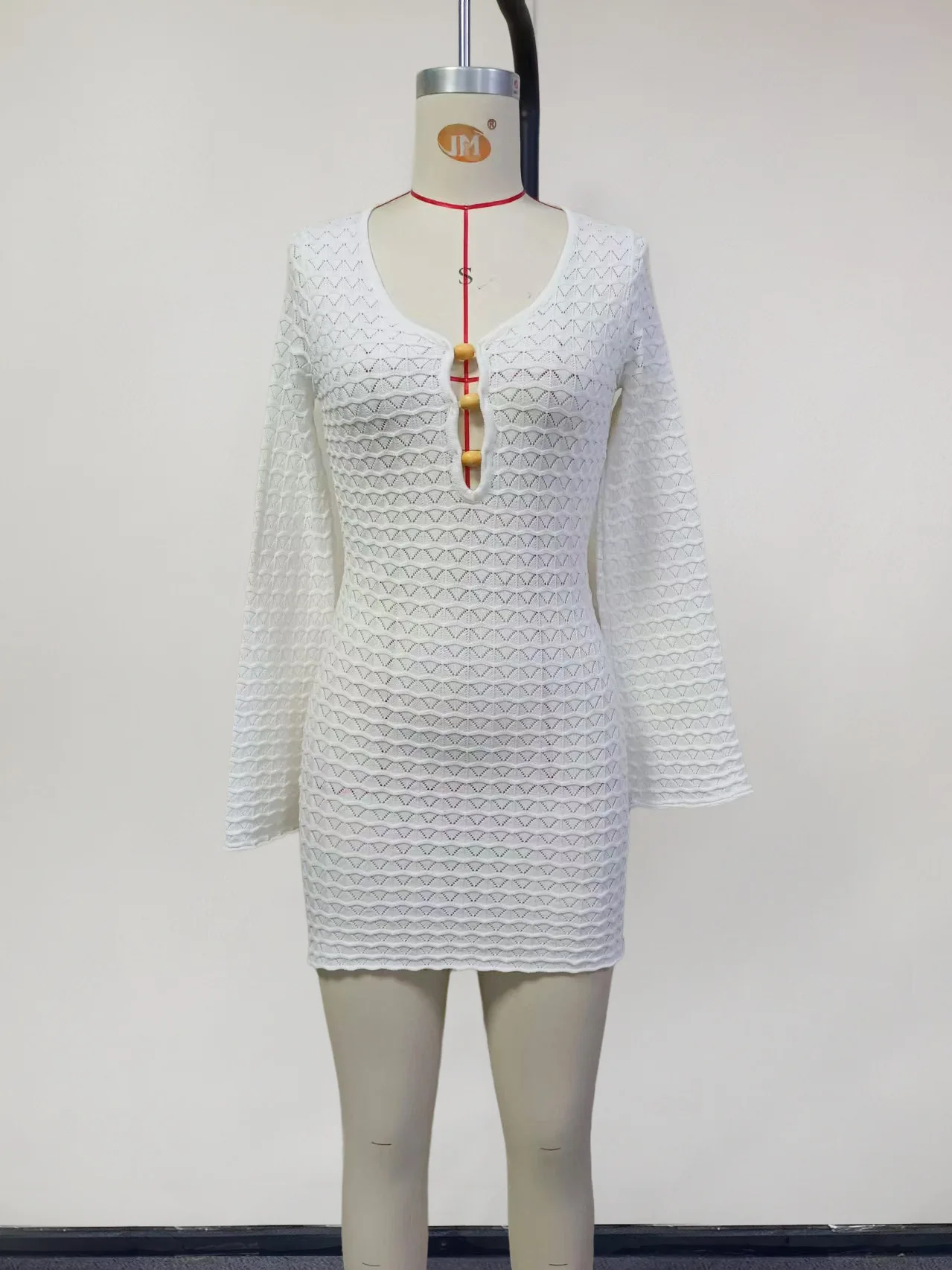 STOCK Long Sleeve Knitted Mini Dress Women Crochet Dress Swimwear Cover Ups Beach Tunic Caftan