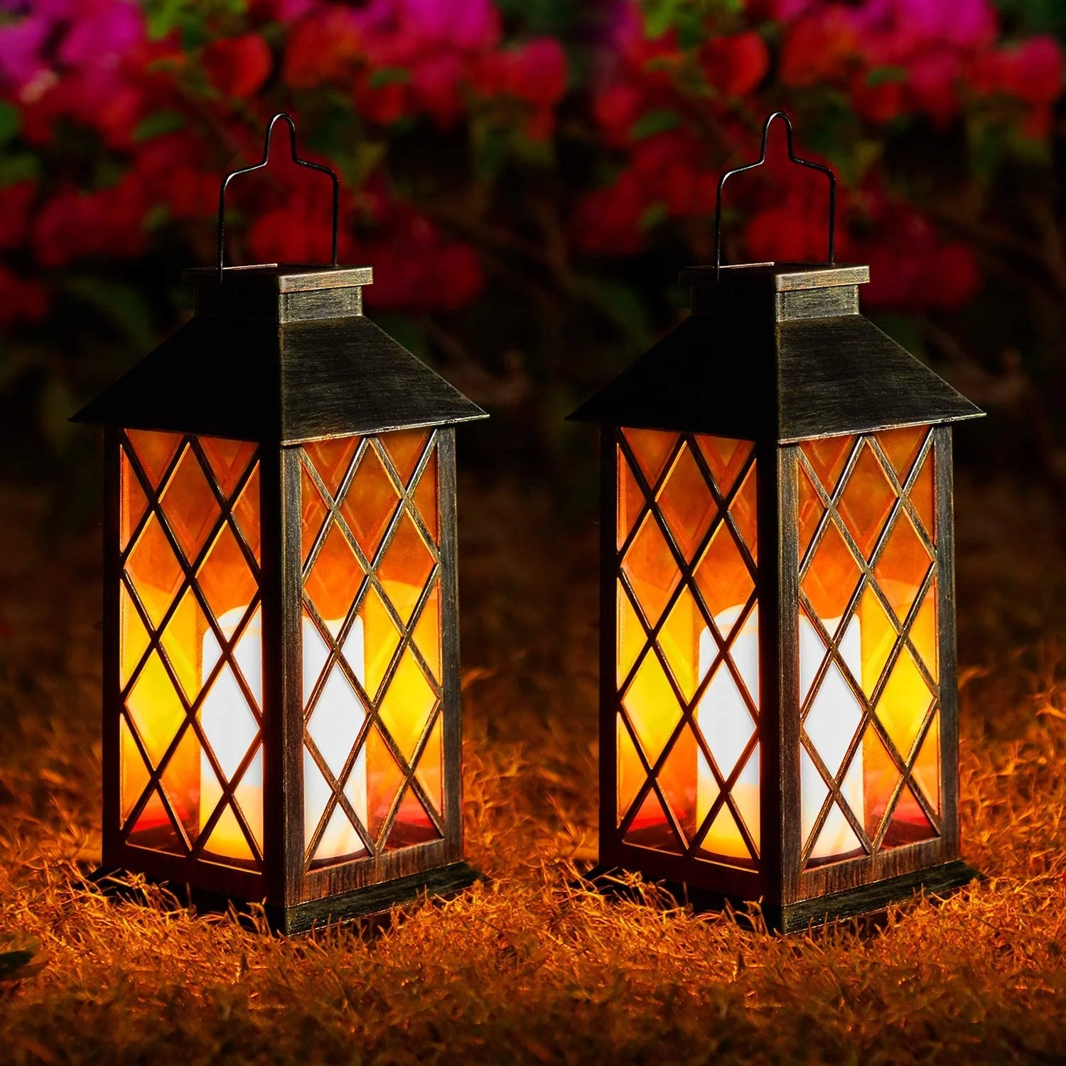 Solar Candle Lantern Large Flickering LED Flame Outdoor Hanging Storm Lantern