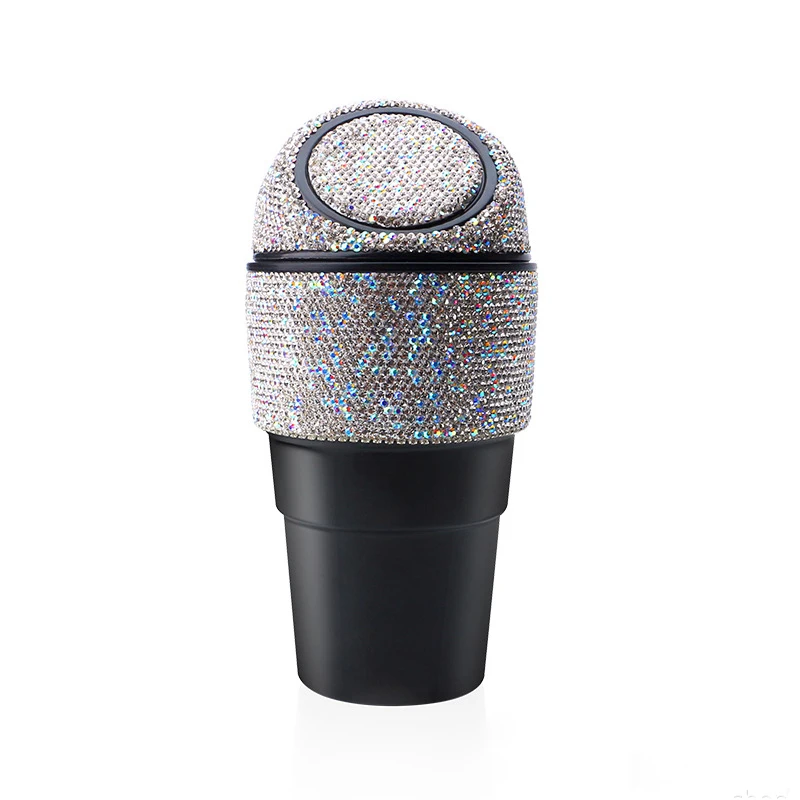 Bling Rhinestone Auto Garbage Can Crystal Car Trash Can Container with Lid Mini Cup Holder Garbage Bin