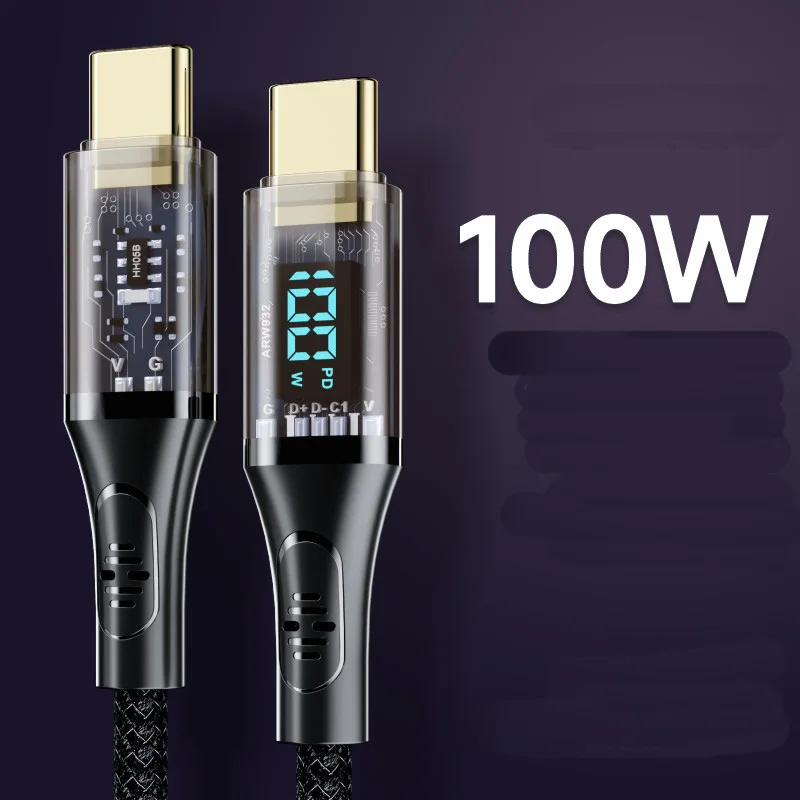 transparent type c 100w cable fast charging 1M USB 2.0 with led display wholesale pd cable 5a type-c 100w pd data cable