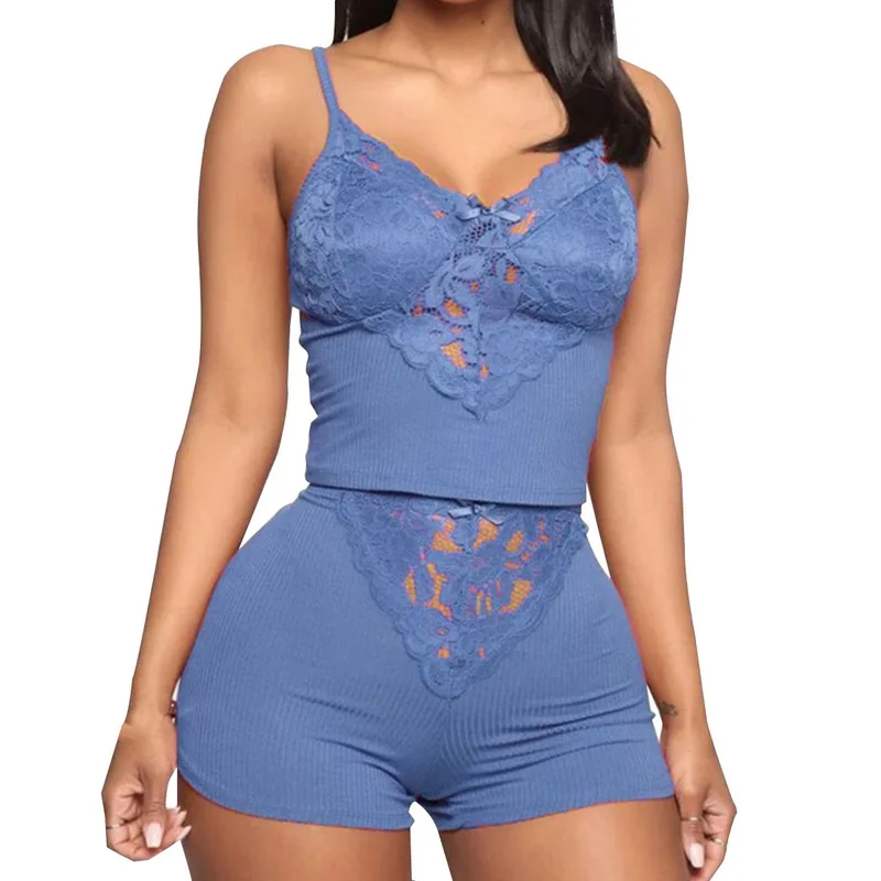 
2021 New Arrive Lingerie Women Sexy Transparent Lace Pajamas Transparent Set Sleeveless V-neck Vest 