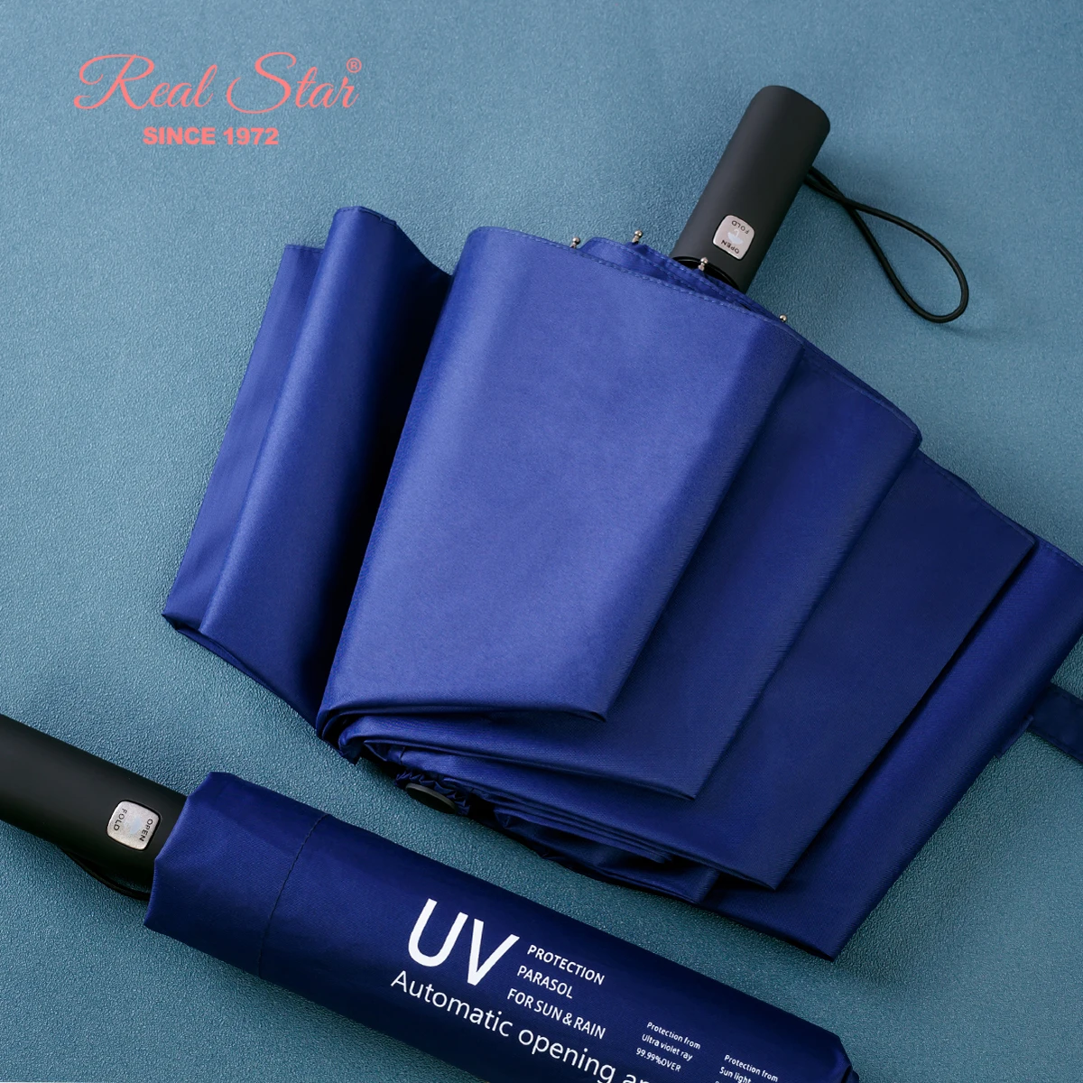 RST 23 Inches 10 Panels Plain Full-automatic 3 Folding Umbrella  Uv-resistant Black Coated Anti Bounce Umbrella