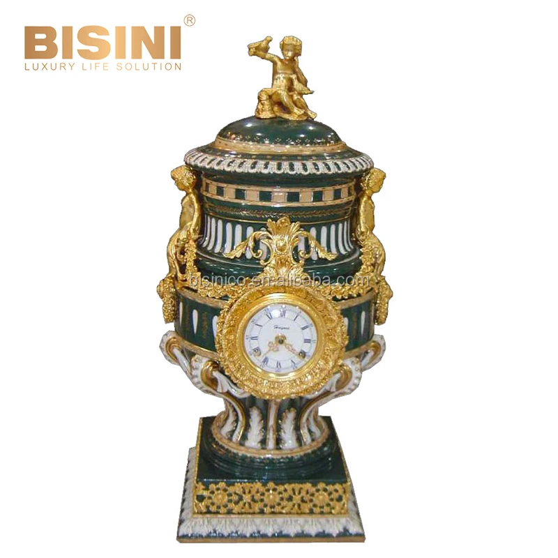 Luxurious High End Baroque Style 24K Gilt Brass Angel Embellished Emerald Porcelain Table Clock