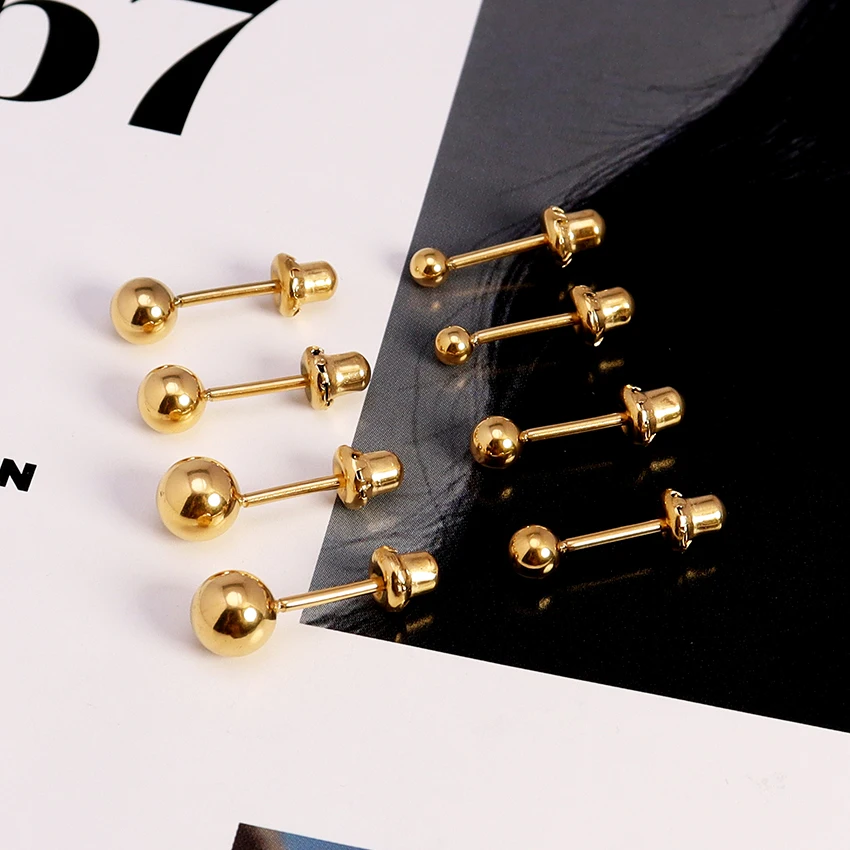 Simple Round Bead Ball Stud Earrings Jewelry 18k Gold Plated Stainless Steel Screw Earrings Mini Piercing Earring Posts Women