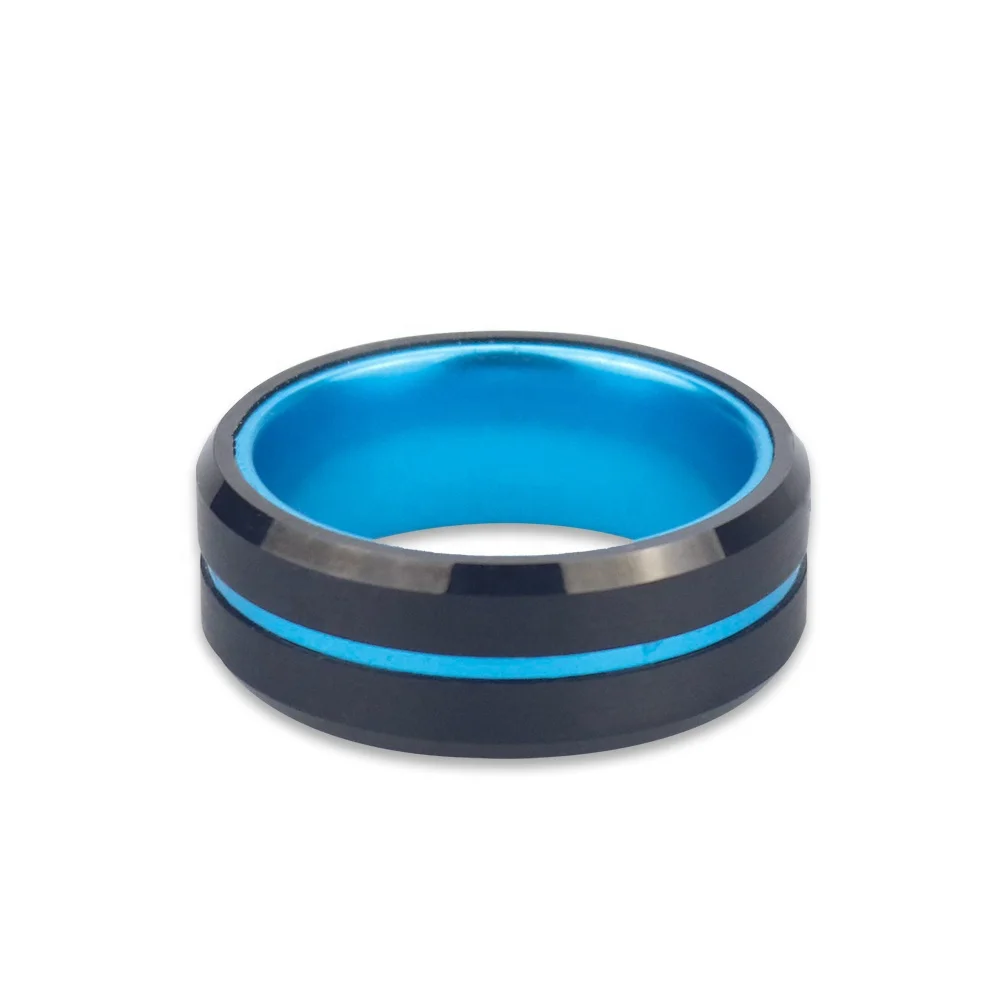 POYA Black Tungsten Blue Anodized Aluminum Sleeve Inlay Ring 8mm Two Tones Men Wedding Band