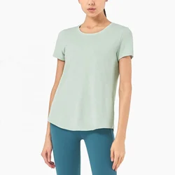 woman yoga gym loose t shirts round collar short sleeve top fitness sports high-elastic T-shirt curved hem
