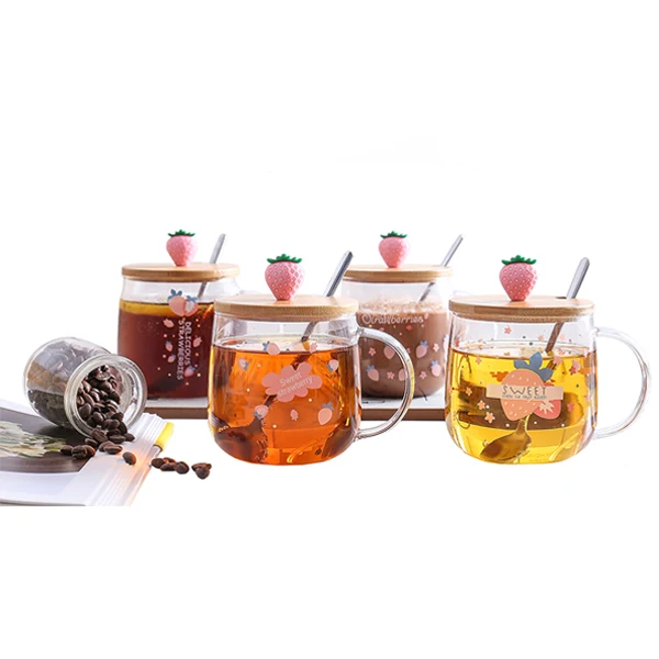 Nordic European INS style borosilicate glass strawberry transparent water coffee milk cup with wooden lid mug