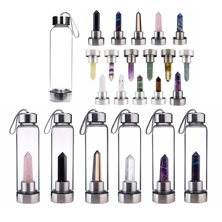 Custom Logo Rose Quartz Borosilicate Glass Gemstone Crystal Water Bottle