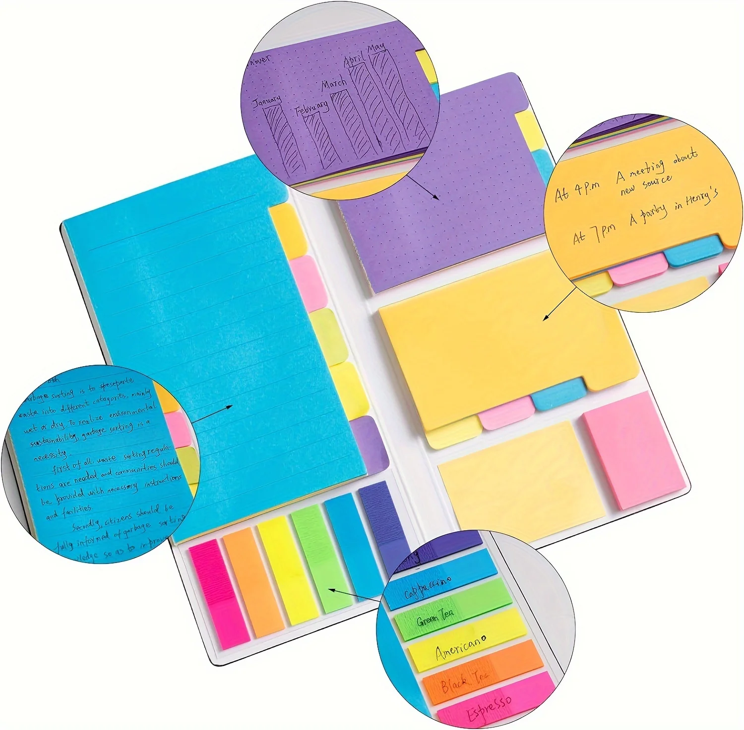 Sticky Note Set, 402 Sheets Self-Stick Divider Memo Notes Pads Bookmark Writing Label Colourful Markers Bookmark with PET Index