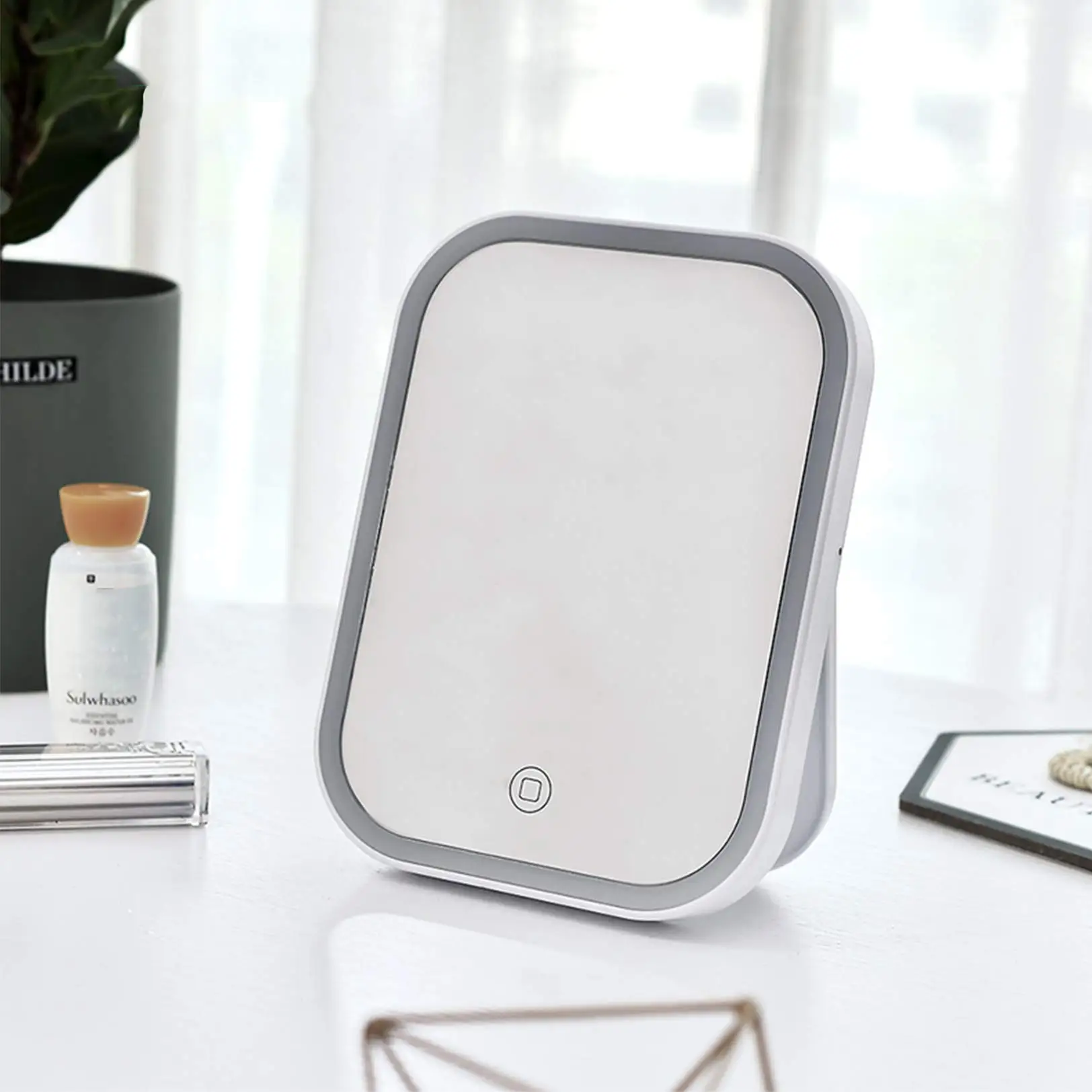 Rechargeable Lighted Vanity Mirror, Dimmable Table Countertop Cosmetic Travel Mirror with Touch Screen Switch