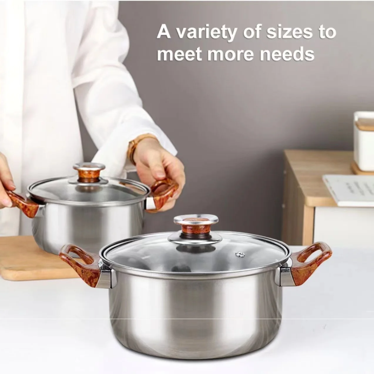 Stainless steel pot set gift pot three-piece set soup milk pot frying pan,Electric wood handle three piece set,hot selling model