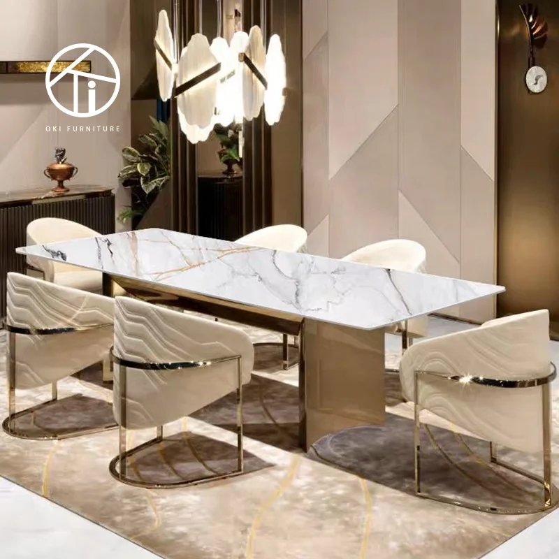 Italian Hight quality  rectangle modern dinning tables 6 chairs furniture dining room marble metal luxury dining table set