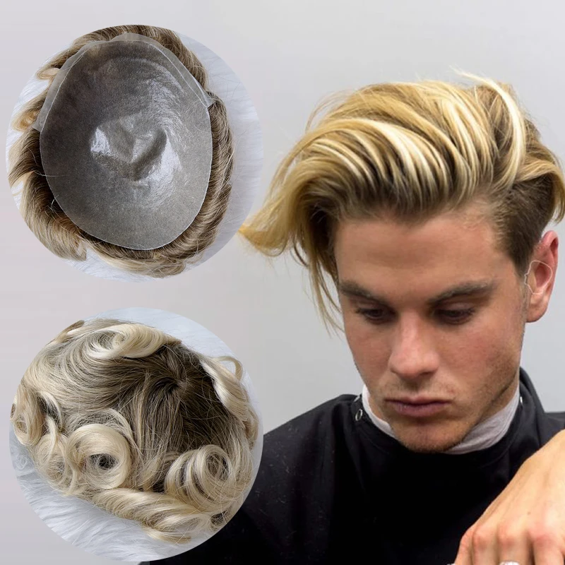 Cheap 8x10 Inch V Looped Brazilian Thin Skin Pu Base 4/613 Dark Brown Root With Ash Blonde Wave Human Hair System Toupee for Men