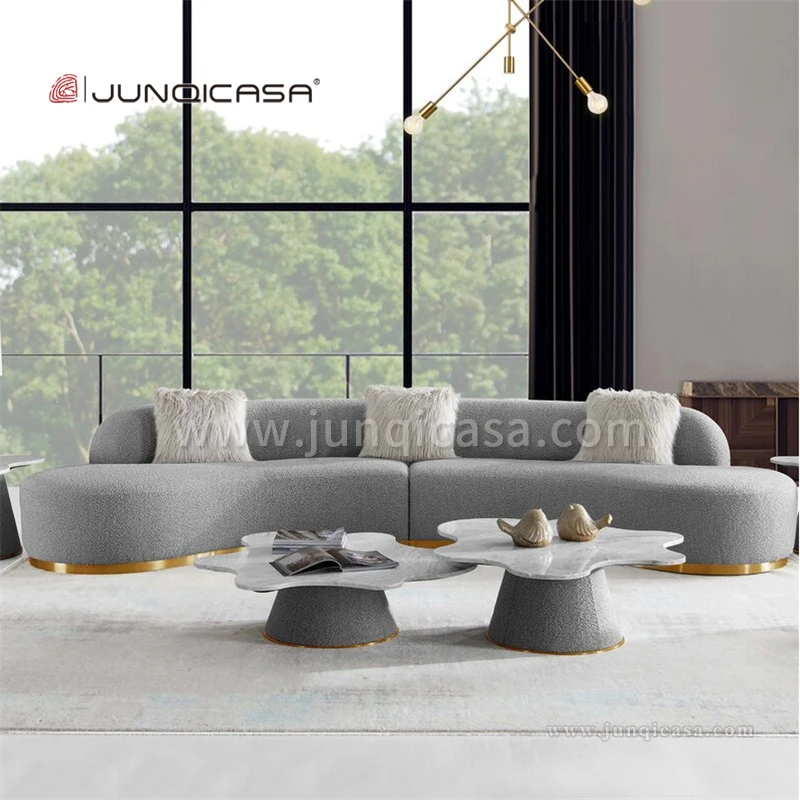 Fancy Grey Fabric Curved Sofa Modern Luxury U Shape Sofa Set Furniture With Stainless Steel Base