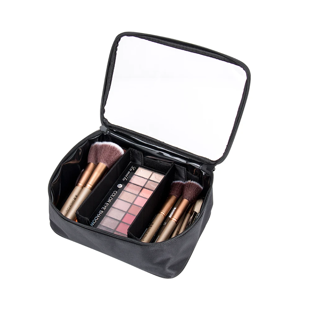 Custom Portable Black PVC Travel Toiletry Vanity Beauty Cosmetic Case with Compartments Make Up Pouch Makeup Bag