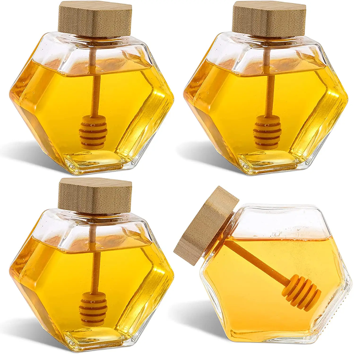 7 Oz Honey Pot Jars, Glass Honey Pot with Wooden Dipper and Cork Lid, Hexagon Shape Honey Container Dispenser Storage