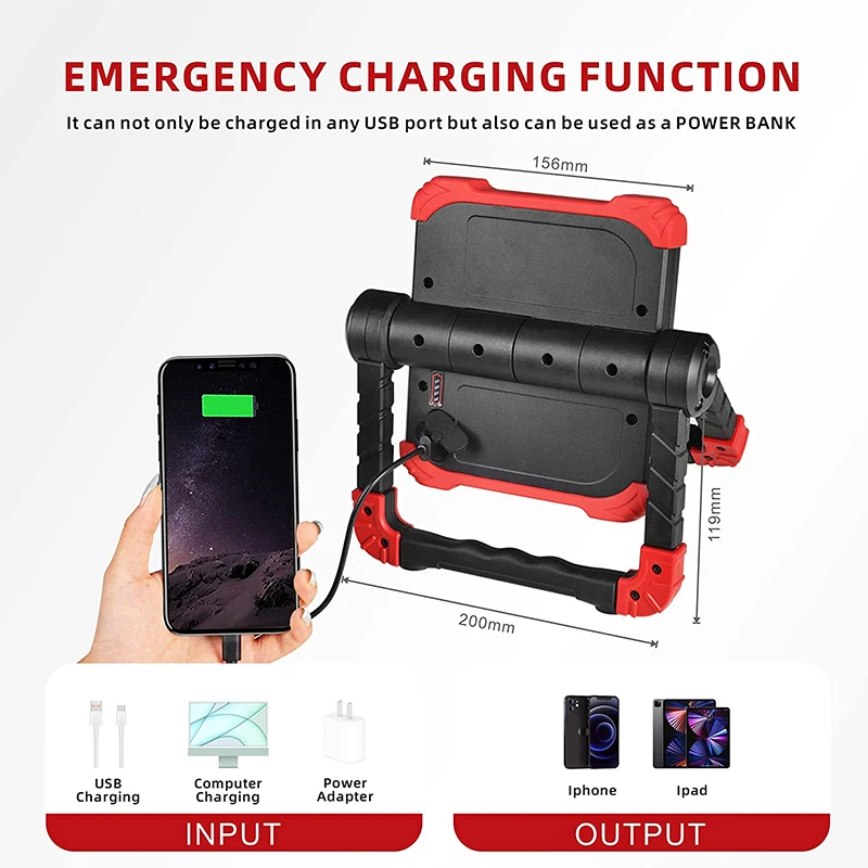 360 Degrees Rotation Folding Portable 20W LED Rechargeable 2 COB Work Light With Magnetic Base