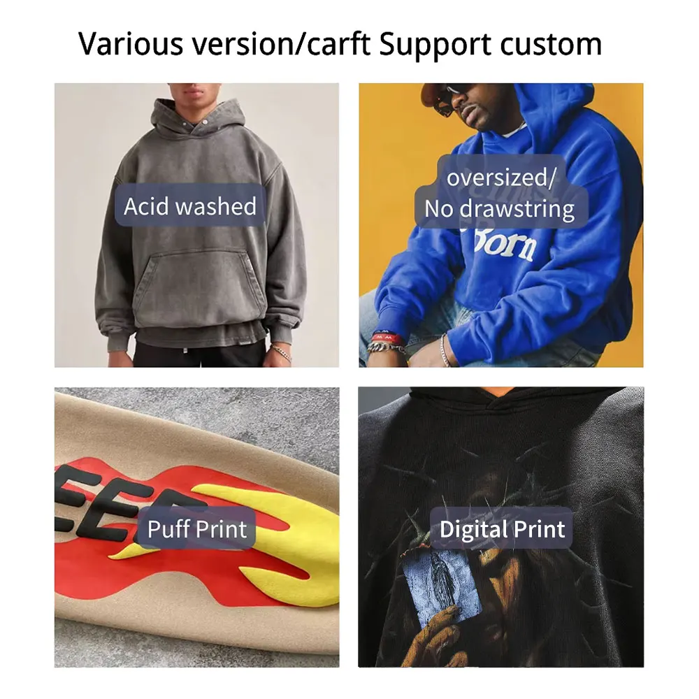 Oem Graphic Streetwear Acid Wash 400 500 600 Gsm Heavyweight Men Cropped Manufacturers Puff Print Printing Custom Hoodies