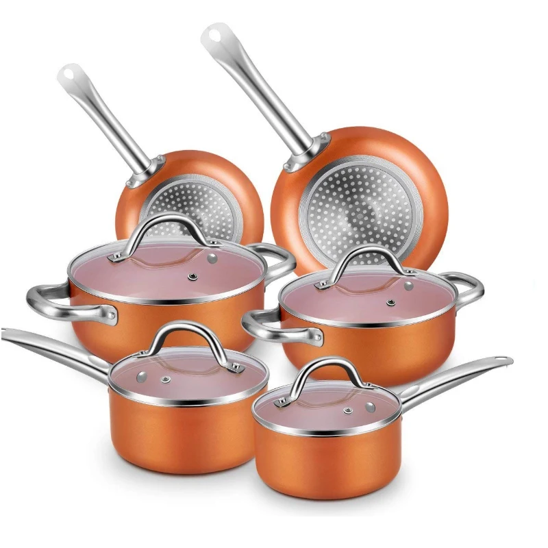 10PCS Aluminum Ceramic Coating Cookware set  Copper  Pan and Pot