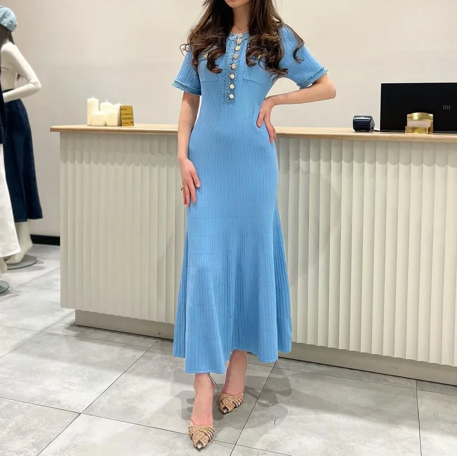 2024 New Popular Women Fashion Clothes Wholesale Denim Patchwork Knitted Long Skirt Tight Fitting Short Sleeved Midi Dress Lady